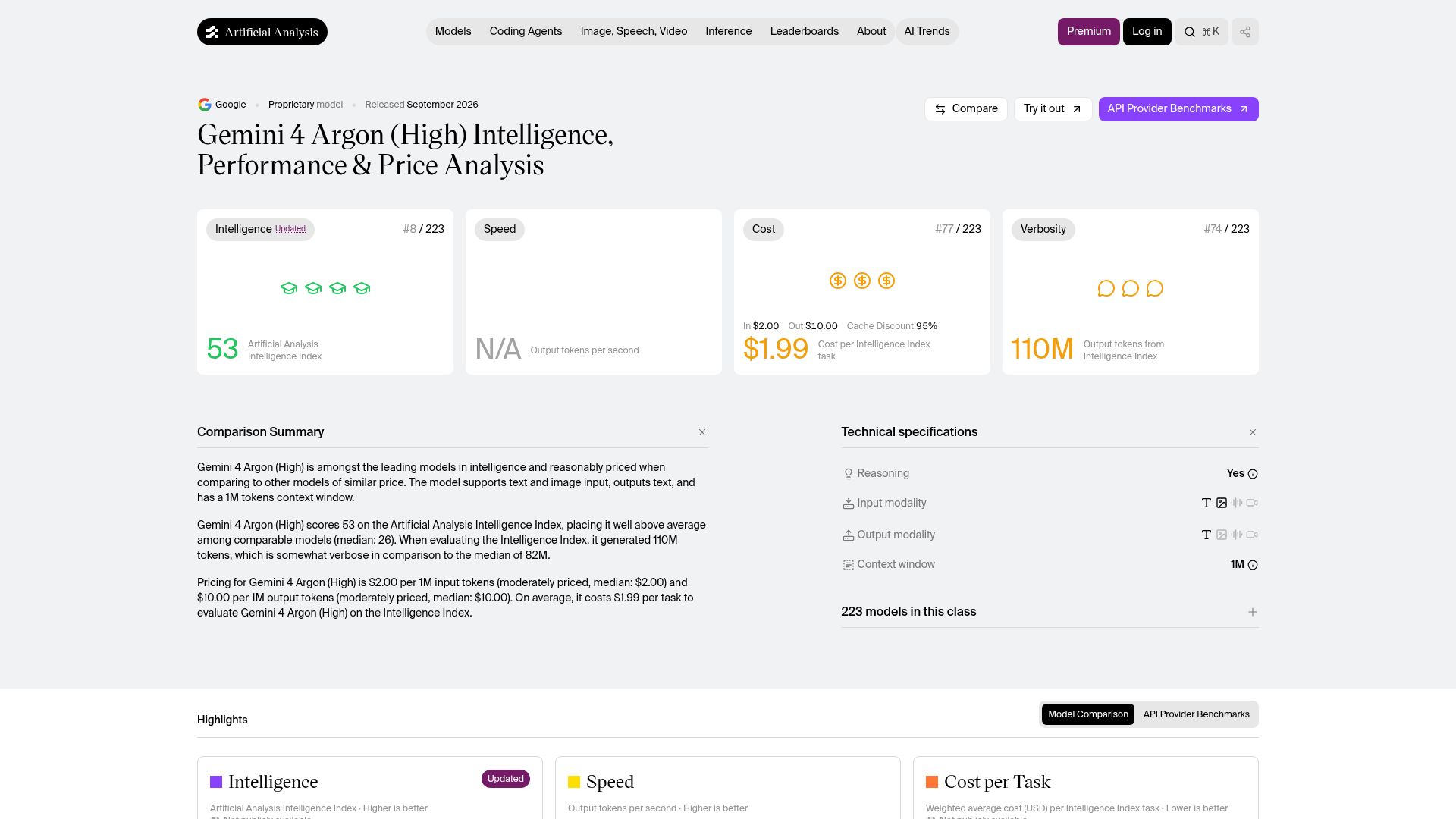 Screenshot of artificialanalysis.ai: Gemini 4 Argon (High): Intelligence, Performance and Price Analysis
