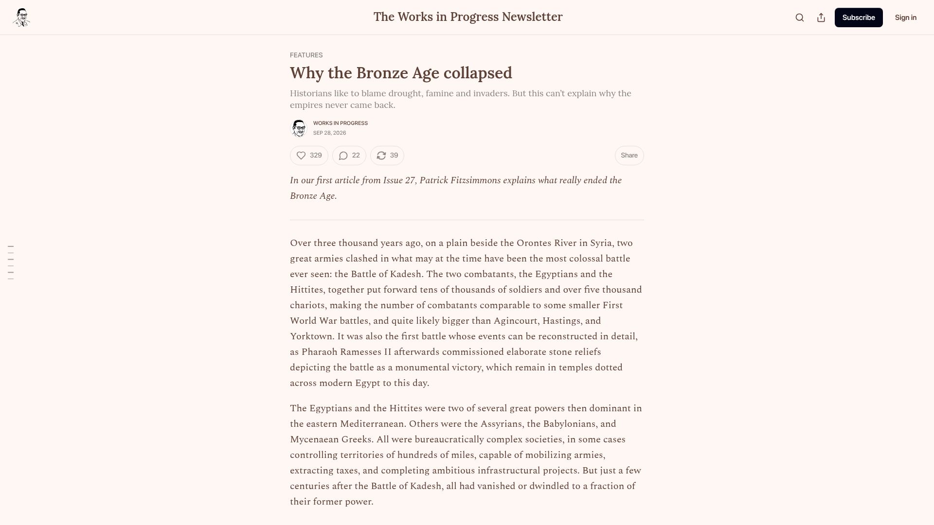 Screenshot of worksinprogress.news: Why the Bronze Age Collapsed