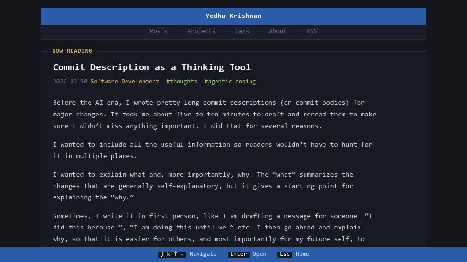 Screenshot of yedhu.me: Commit description as a thinking tool