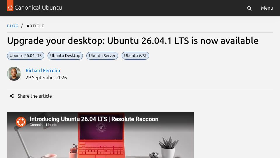 Screenshot of ubuntu.com: Upgrade your desktop: Ubuntu 26.04.1 LTS is now available