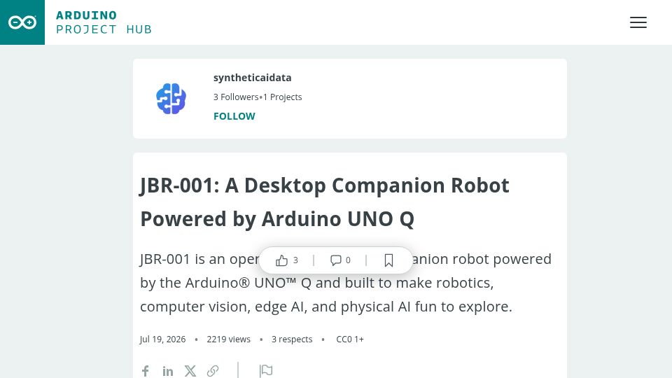 Screenshot of projecthub.arduino.cc: Show HN: JBR-001 – An open-source 3D printable desktop robot