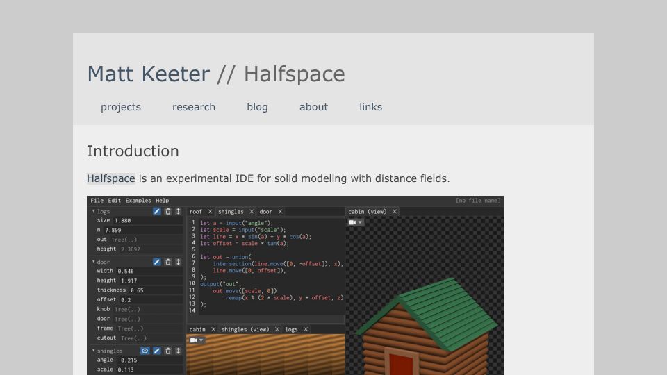 Screenshot of mattkeeter.com: Halfspace experimental IDE for solid modeling with distance fields
