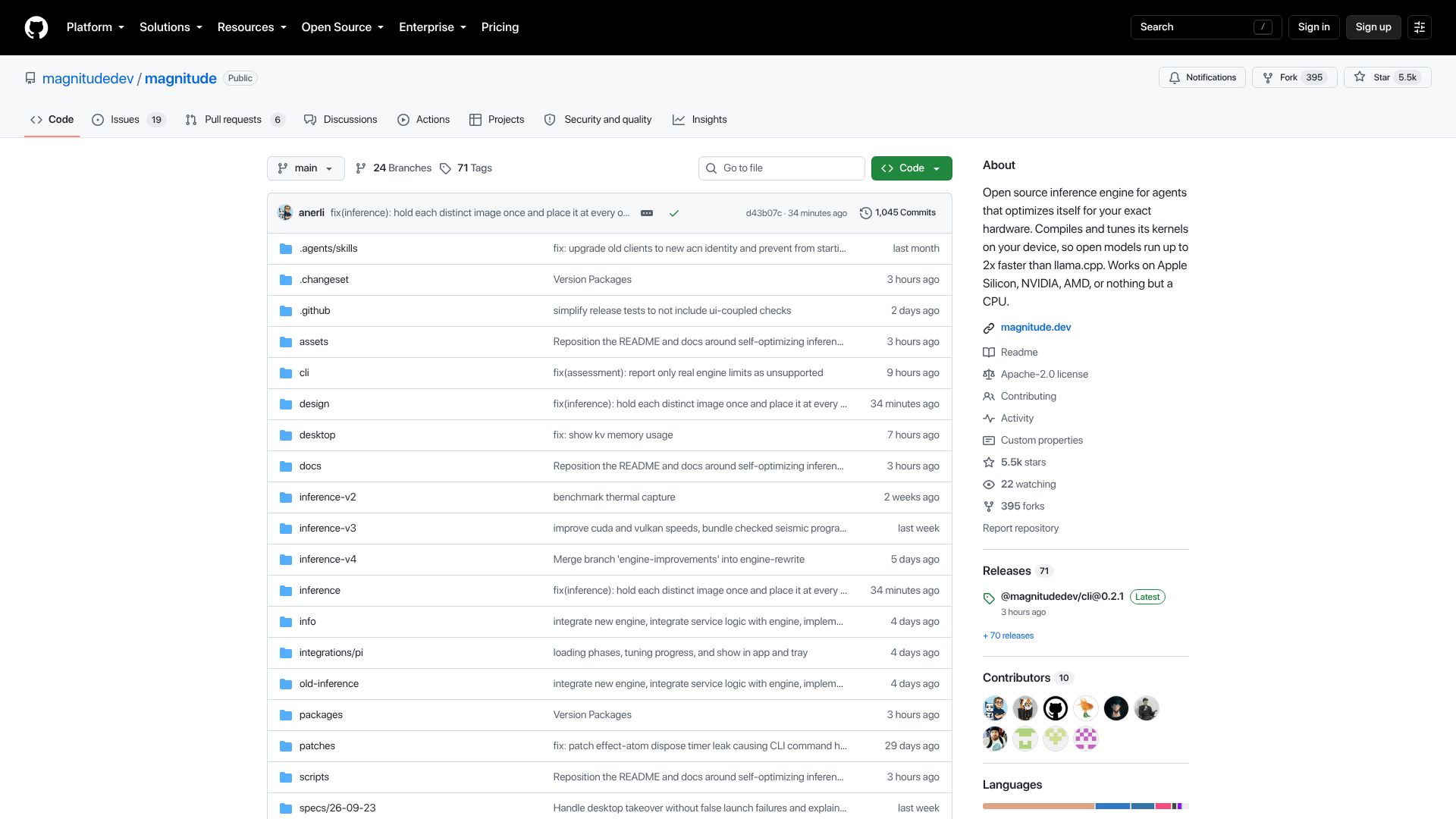 Screenshot of github.com: Launch HN: Magnitude (YC S25) – Self-optimizing inference engine for agents