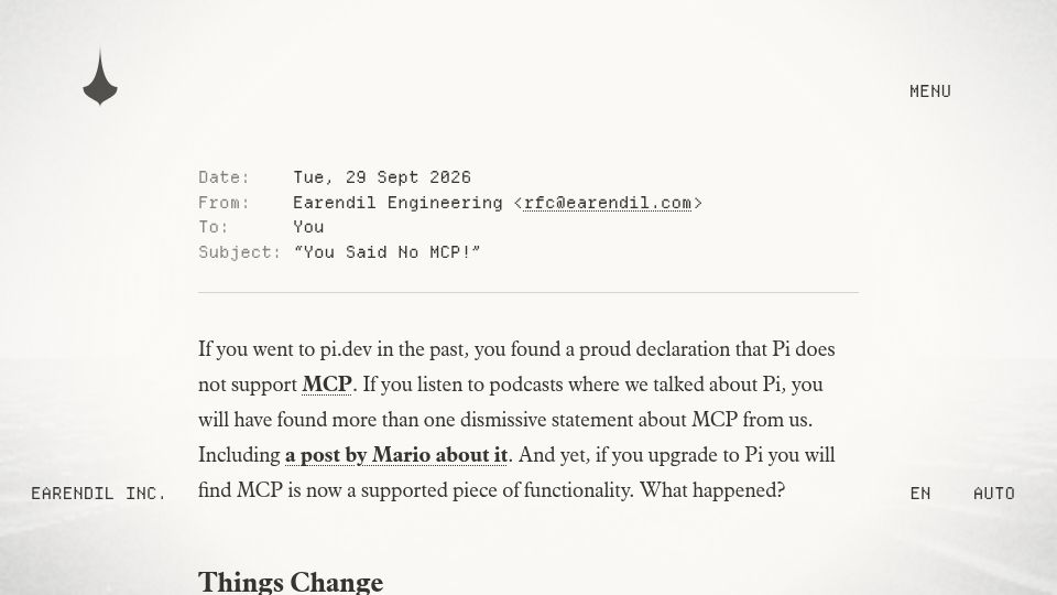 Screenshot of earendil.com: You said no MCP