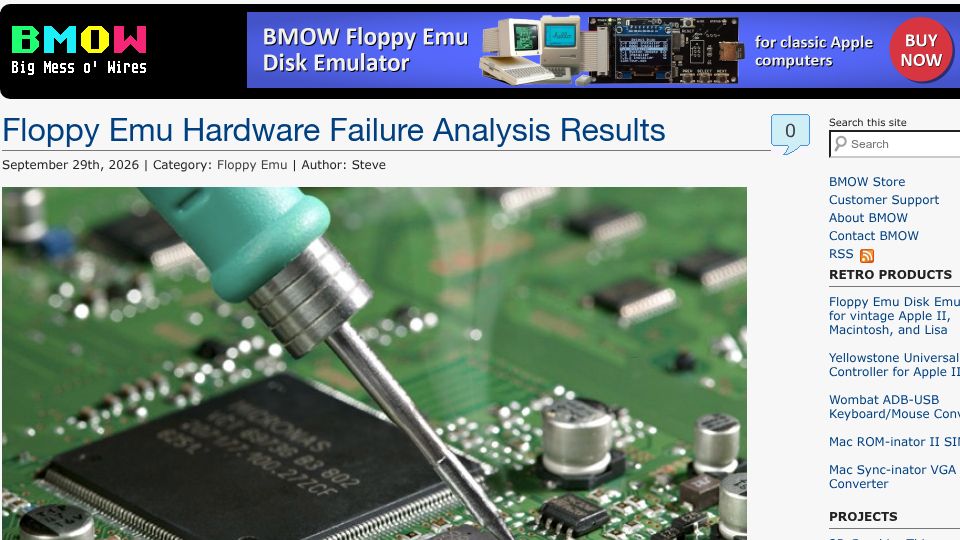 Screenshot of bigmessowires.com: Floppy Emu Hardware Failure Analysis Results