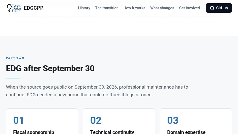 Screenshot of edgcpp.org: EDG C++ front-end goes public