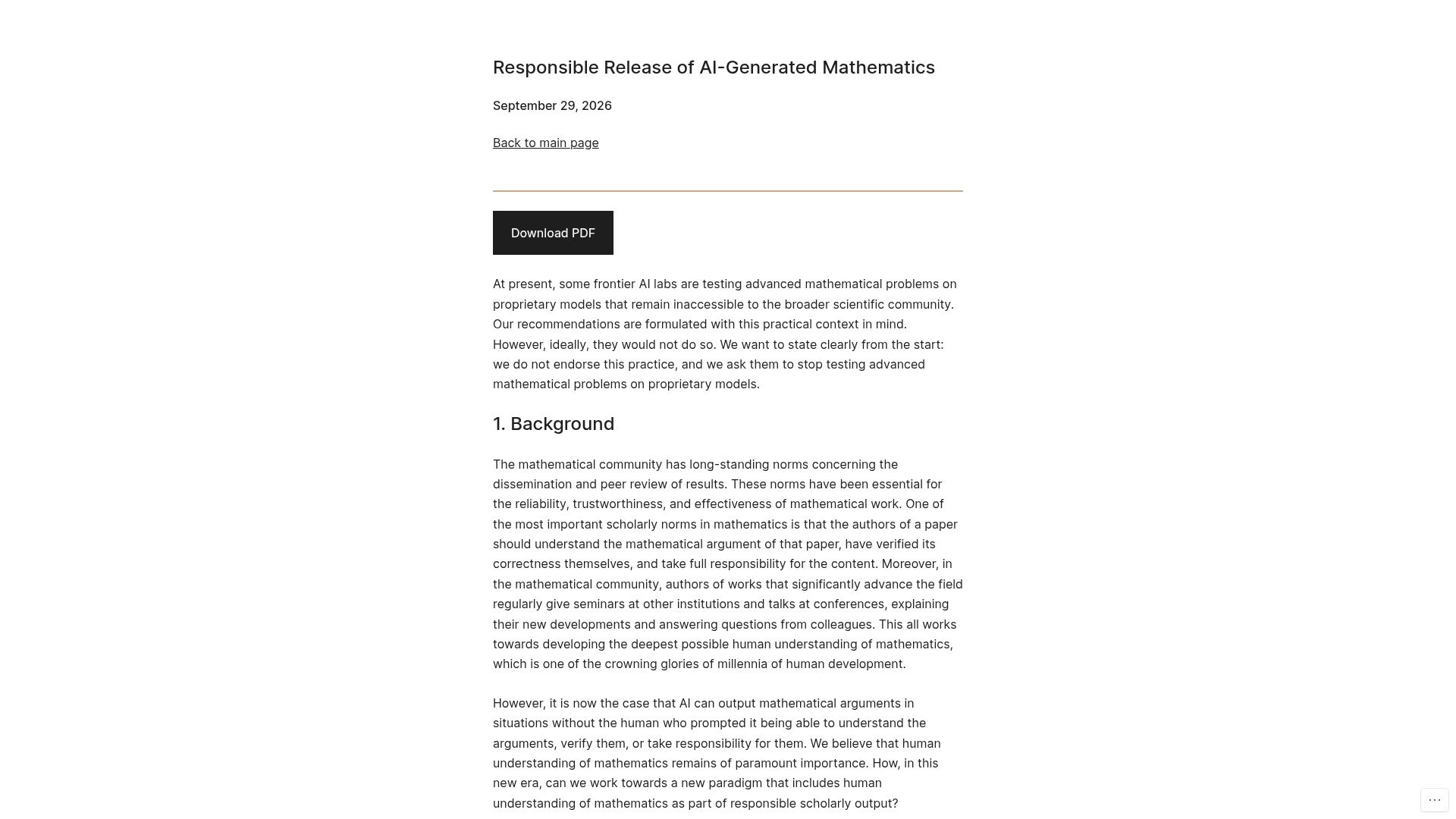 Screenshot of agmai.org: Responsible Release of AI-Generated Mathematics