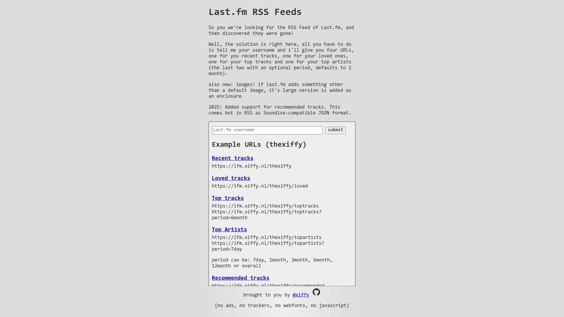 Screenshot of lfm.xiffy.nl: RSS Feeds for Last.fm