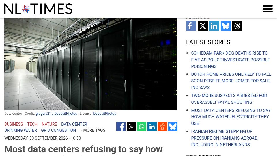 Screenshot of nltimes.nl: Most data centers refusing to say how much water, electricity they use