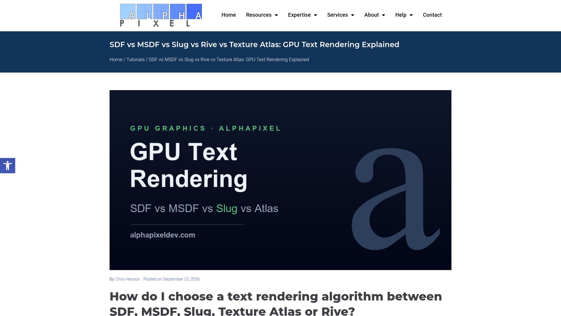 Screenshot of alphapixeldev.com: SDF vs. MSDF vs. Slug: GPU Text Rendering