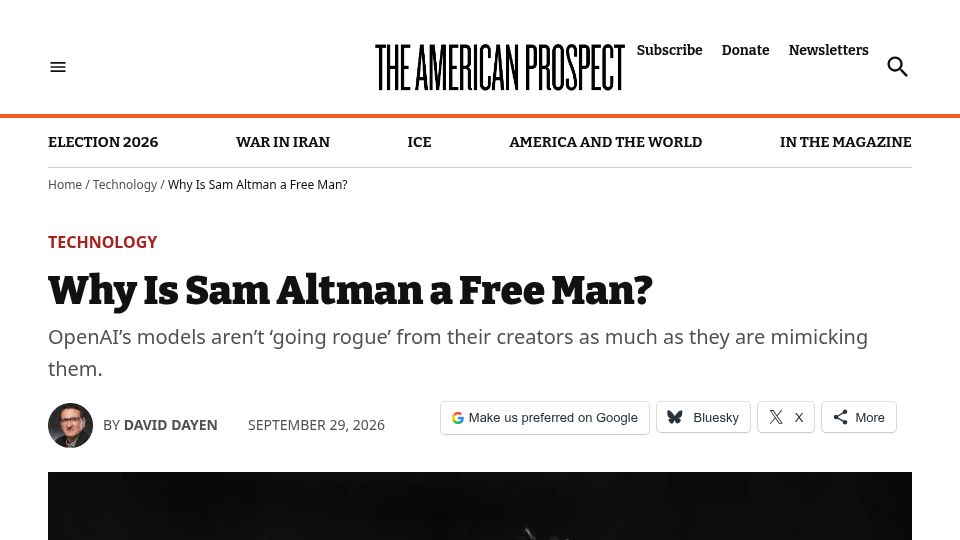 Screenshot of prospect.org: Why Is Sam Altman a Free Man?