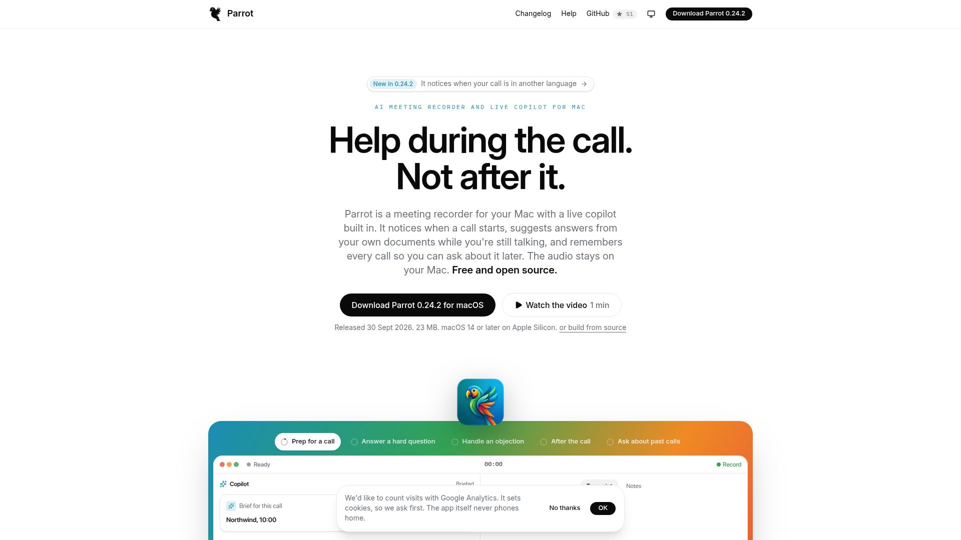 Screenshot of openparrot.app: Show HN: Parrot – Open-Source Smart Meeting Recorder with Co-Pilot on Mac