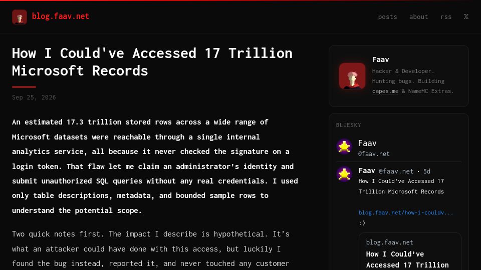 Screenshot of blog.faav.net: I could've accessed 17T Microsoft records