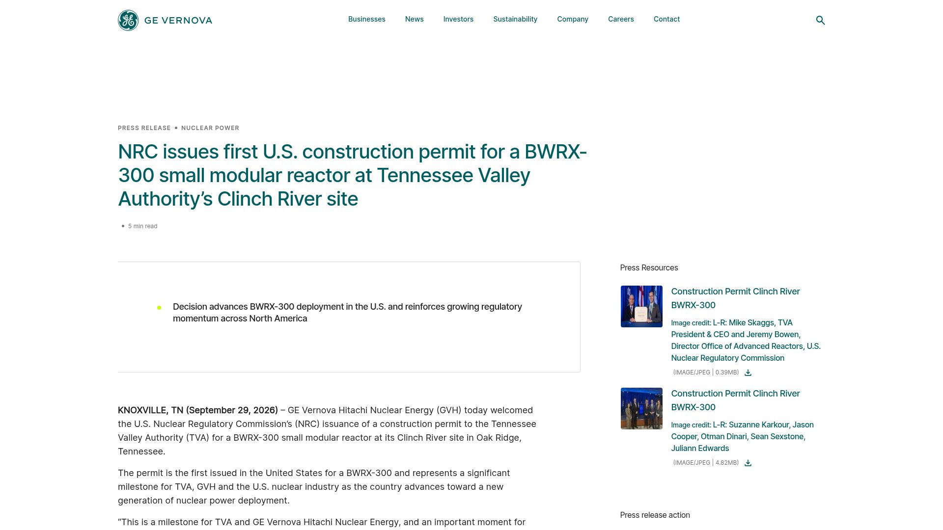 Screenshot of gevernova.com: NRC issues first U.S. construction permit for a BWRX-300 small modular reactor