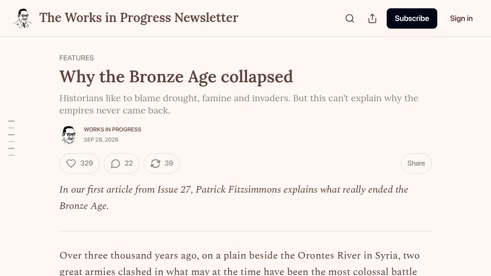 Screenshot of worksinprogress.news: Why the Bronze Age Collapsed