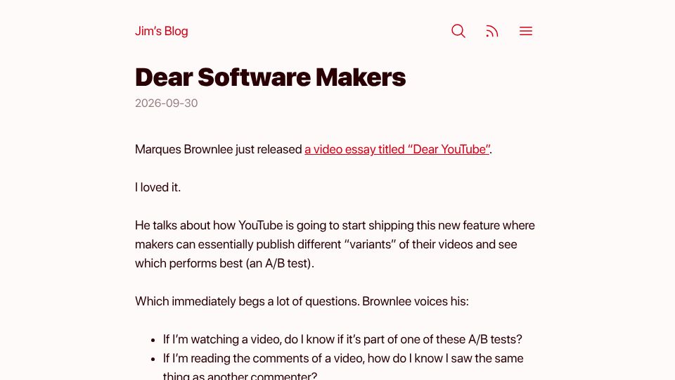 Screenshot of blog.jim-nielsen.com: Dear Software Makers