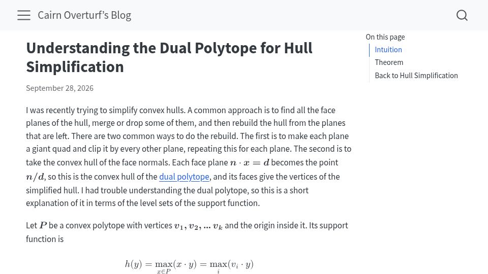 Screenshot of cairnc.github.io: Understanding the Dual Polytope for Hull Simplification