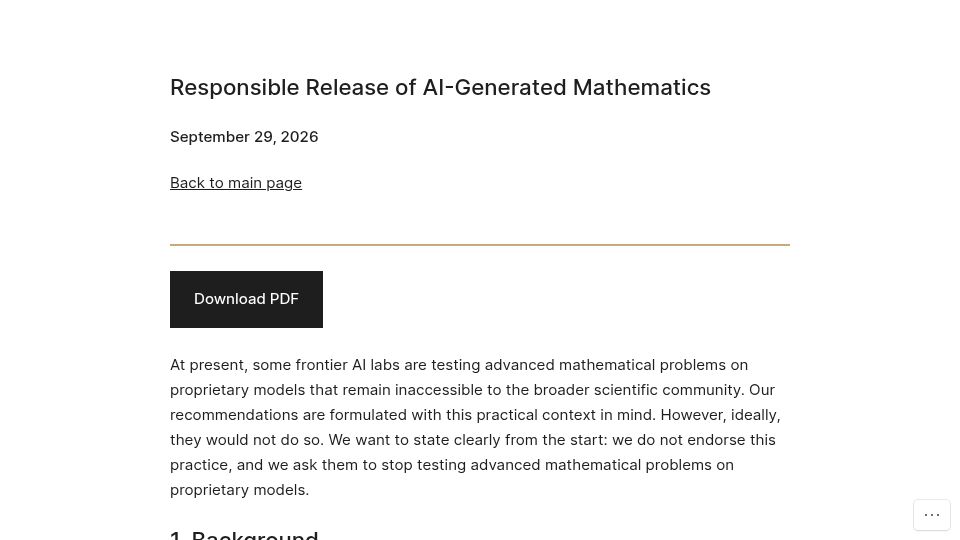 Screenshot of agmai.org: Responsible Release of AI-Generated Mathematics