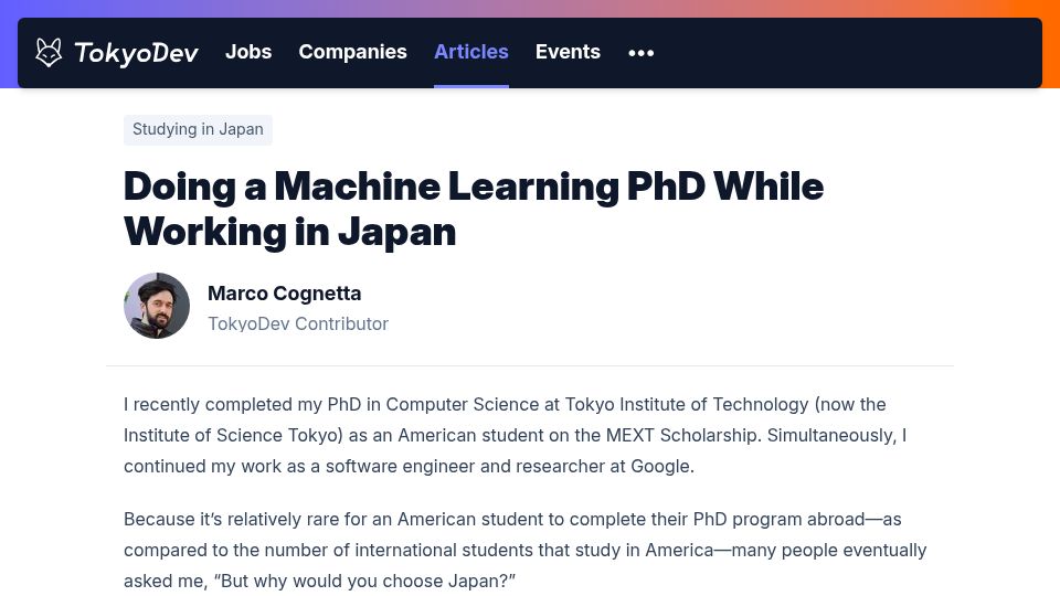 Screenshot of tokyodev.com: Doing a Machine Learning PhD While Working in Japan