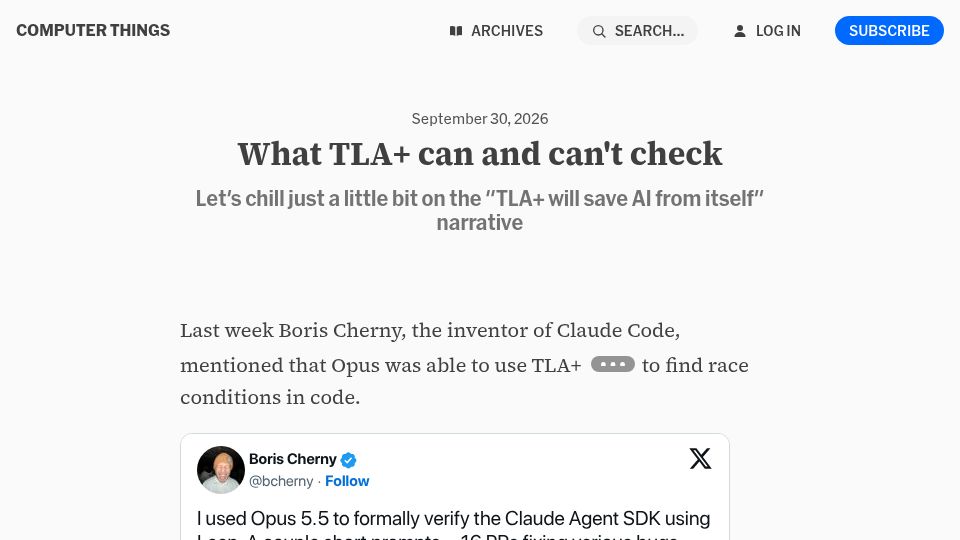 Screenshot of buttondown.com: What TLA+ can and can't check