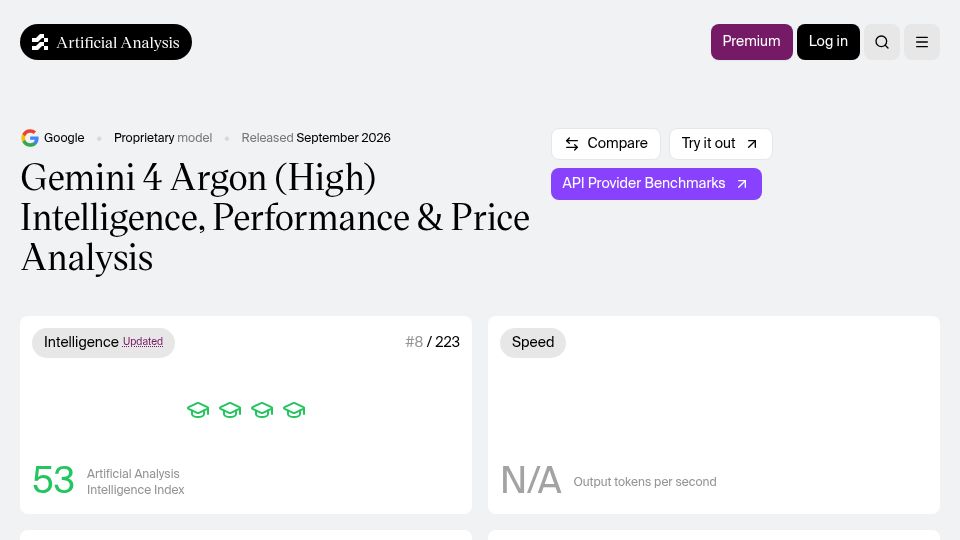 Screenshot of artificialanalysis.ai: Gemini 4 Argon (High): Intelligence, Performance and Price Analysis