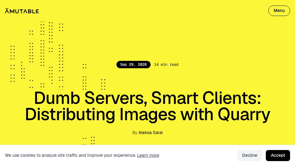 Screenshot of amutable.com: Dumb servers, smart clients: Distributing OS images with Quarry