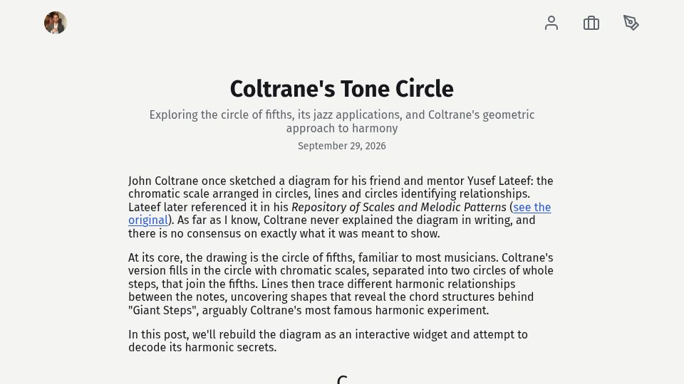 Screenshot of jtomschroeder.com: Coltrane's Tone Circle
