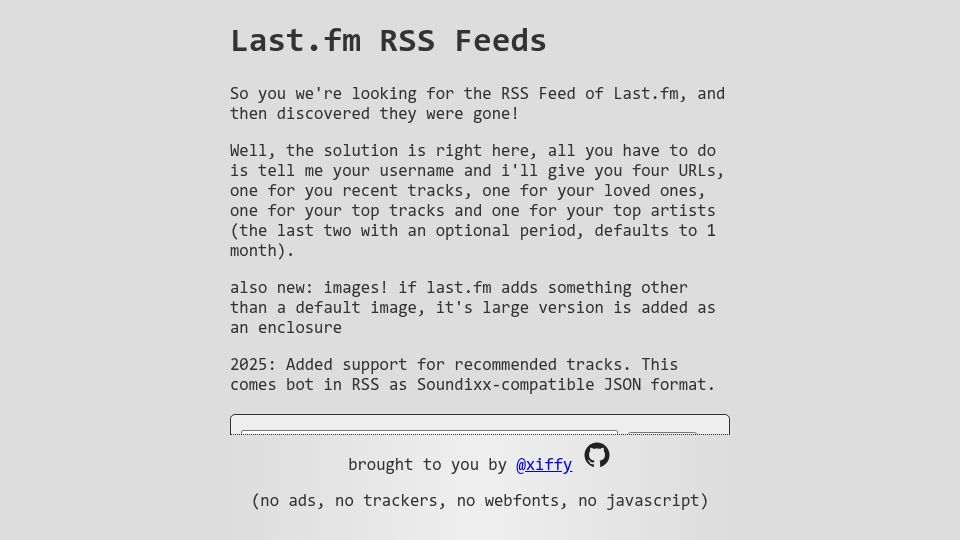 Screenshot of lfm.xiffy.nl: RSS Feeds for Last.fm