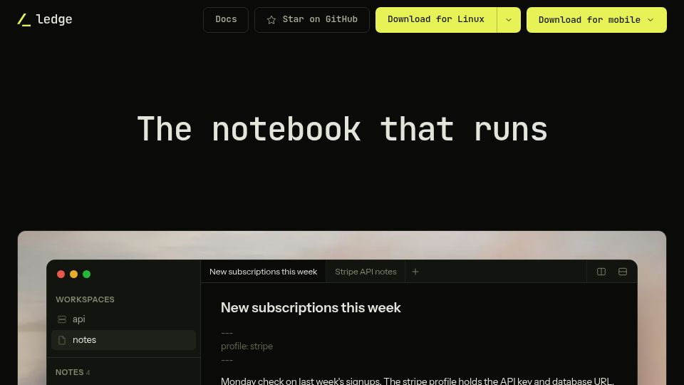 Screenshot of ledge.sh: Show HN: Ledge.sh – Runnable Markdown Notes