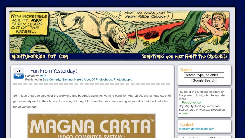 Screenshot of mightygodking.com: Strange Parodies of Atari 2600 Video Game Box Cover Art (2008)