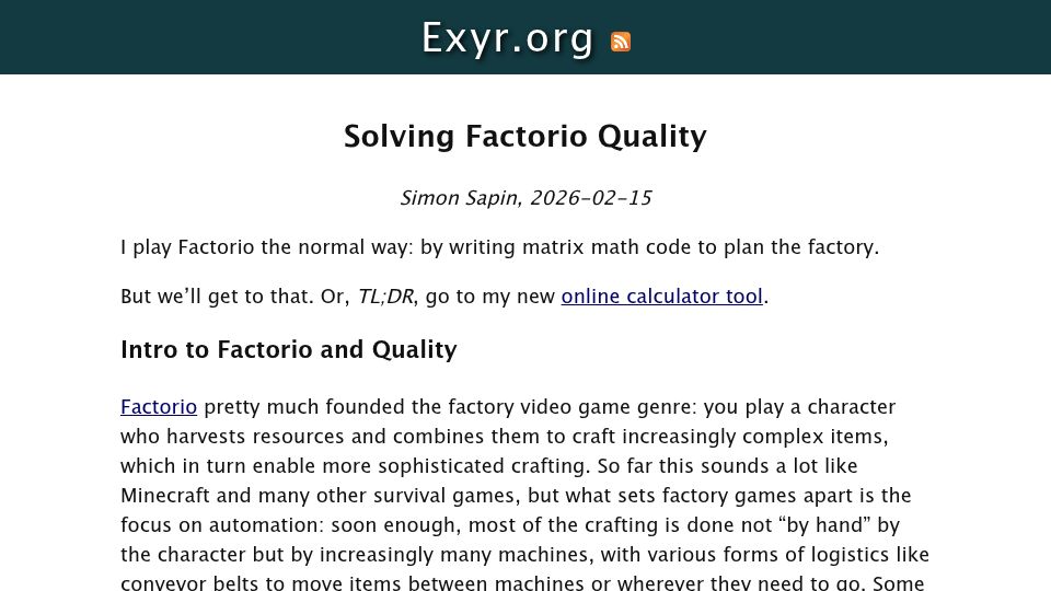 Screenshot of exyr.org: Solving Factorio Quality