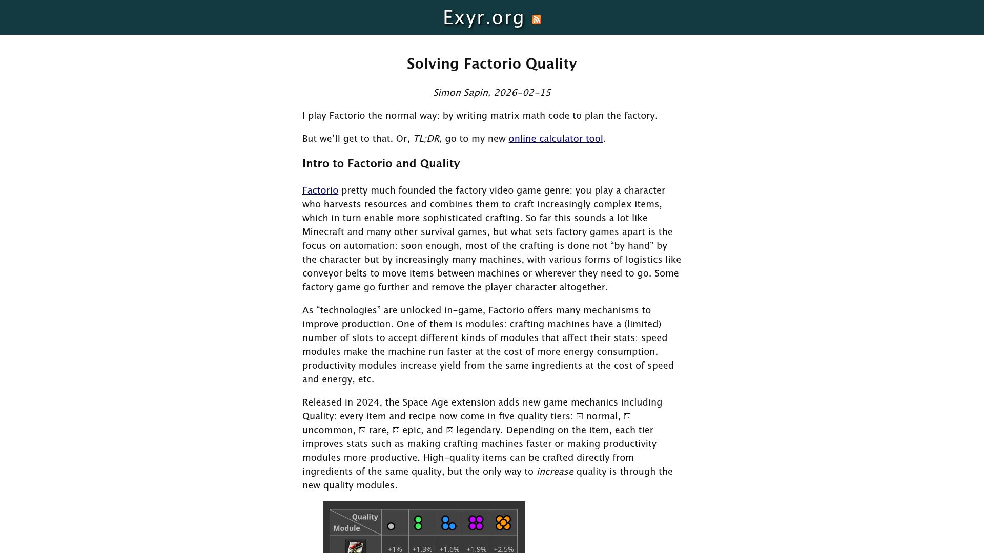Screenshot of exyr.org: Solving Factorio Quality