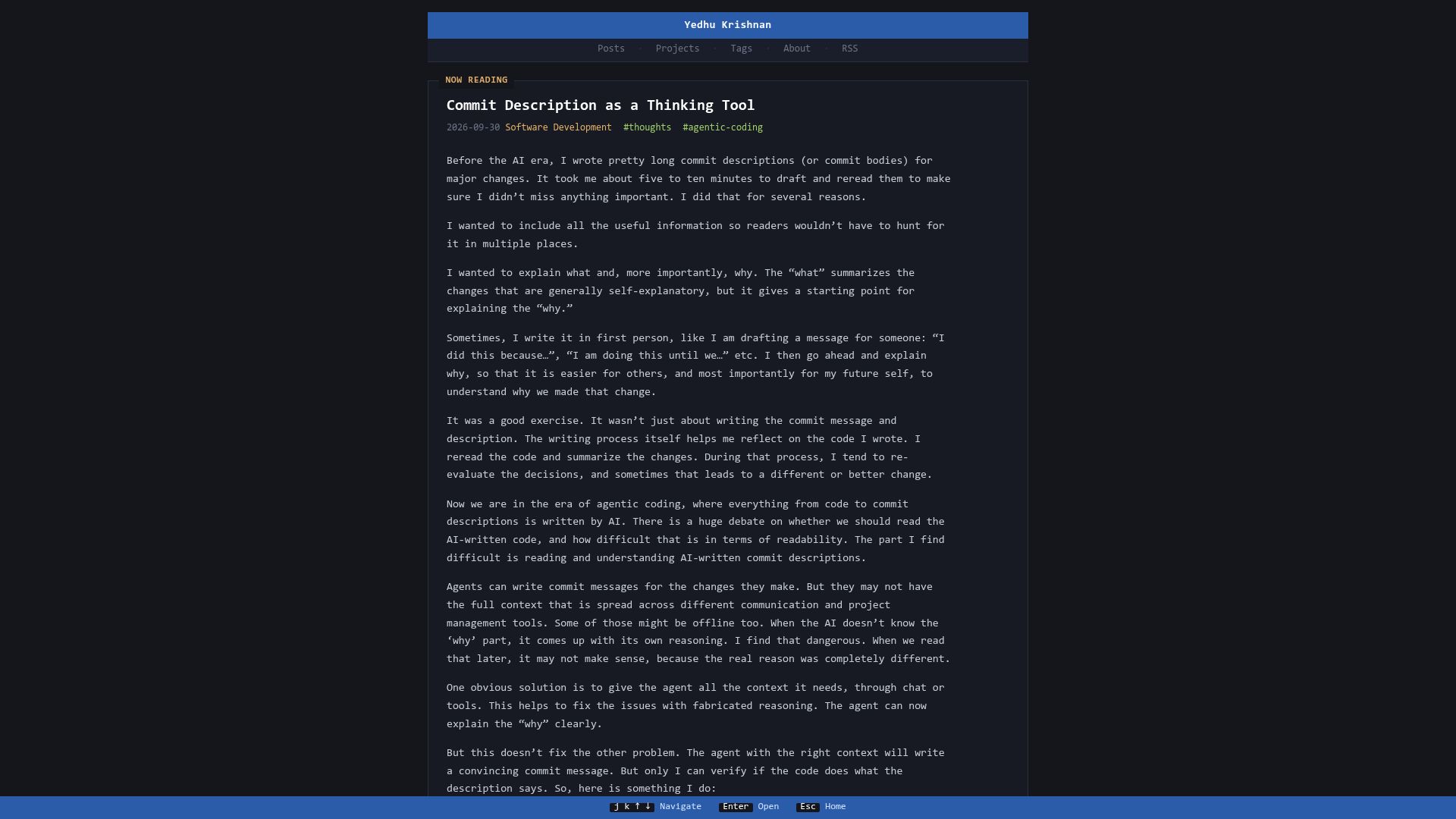 Screenshot of yedhu.me: Commit description as a thinking tool