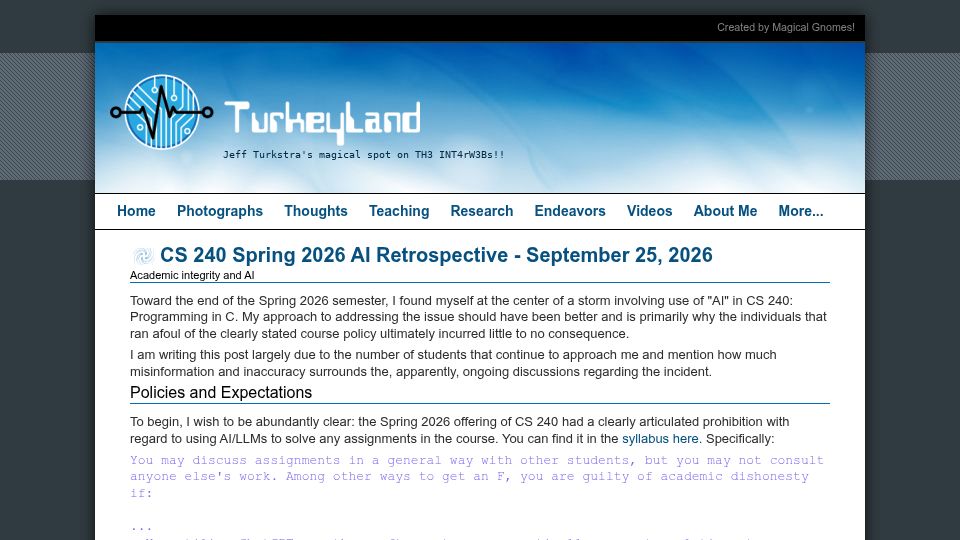 Screenshot of turkeyland.net: CS240 AI Cheating Retrospective