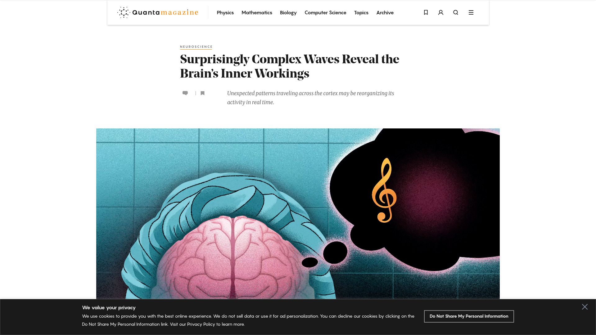 Screenshot of quantamagazine.org: Surprisingly complex waves reveal the brain's inner workings