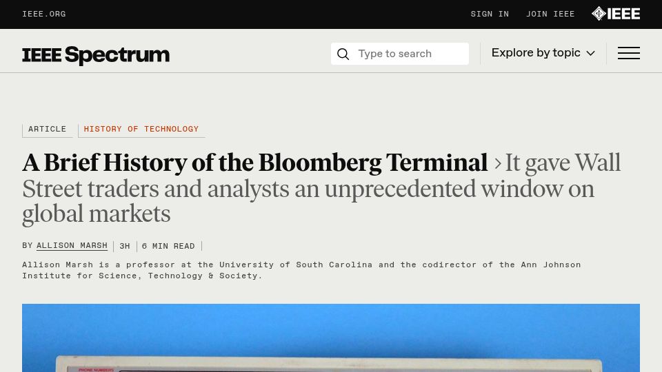 Screenshot of spectrum.ieee.org: A brief history of the Bloomberg terminal