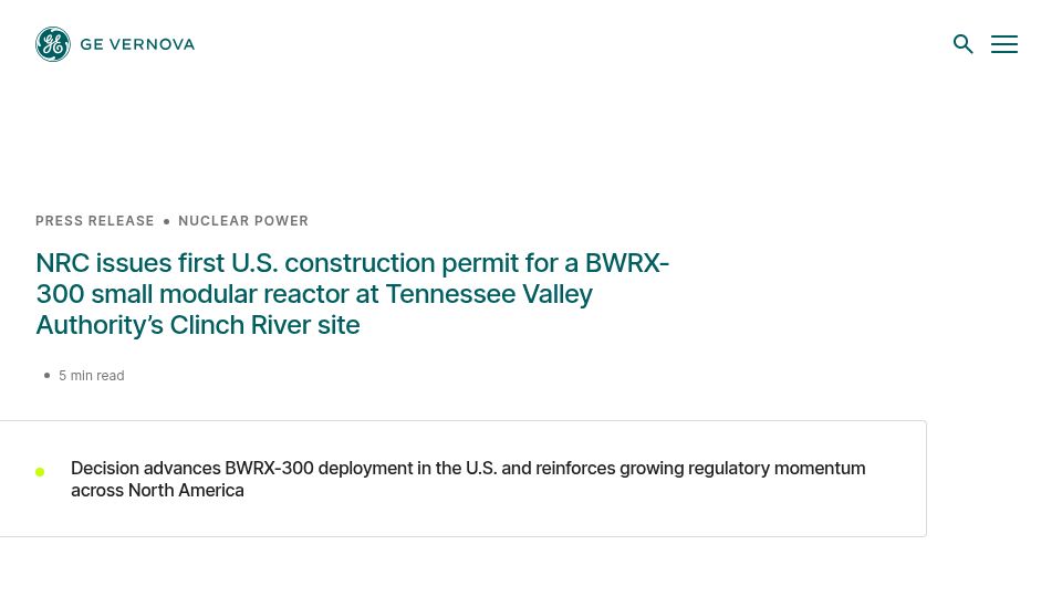 Screenshot of gevernova.com: NRC issues first U.S. construction permit for a BWRX-300 small modular reactor