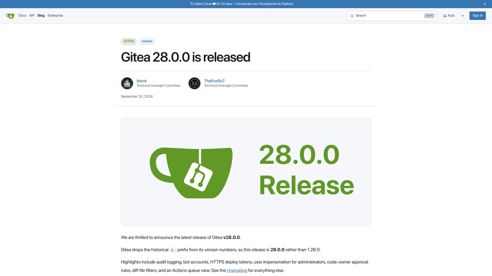 Screenshot of blog.gitea.com: Gitea 28.0