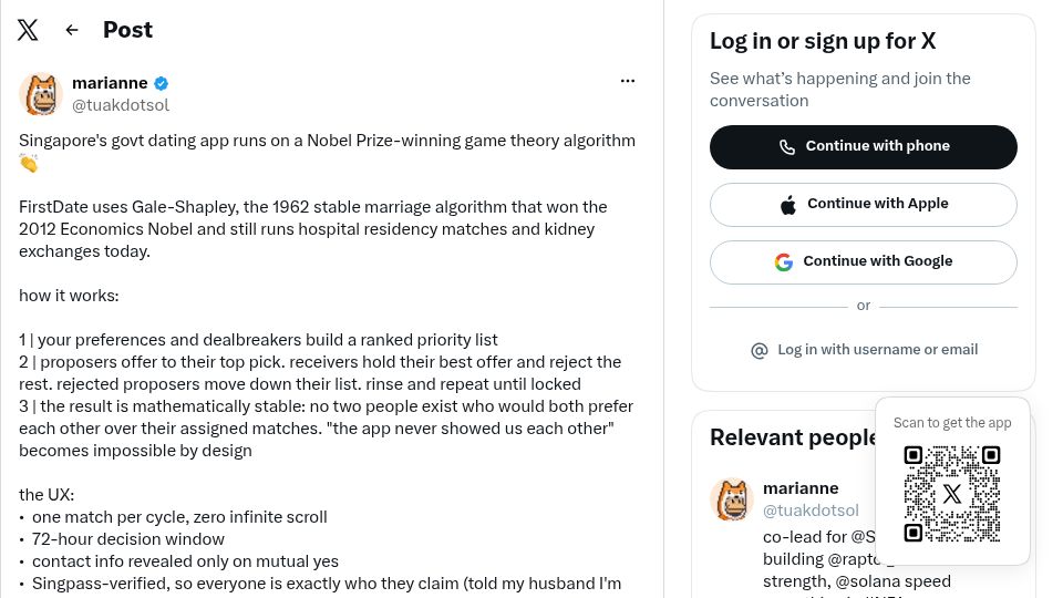 Screenshot of twitter.com: Singapore govt dating app uses Gale-Shapley stable marriage algorithm