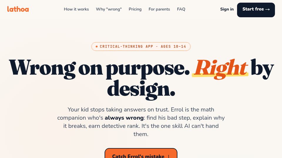 Screenshot of lathoa.ai: Show HN: Lathoa, a math app for kids where the AI is wrong on purpose
