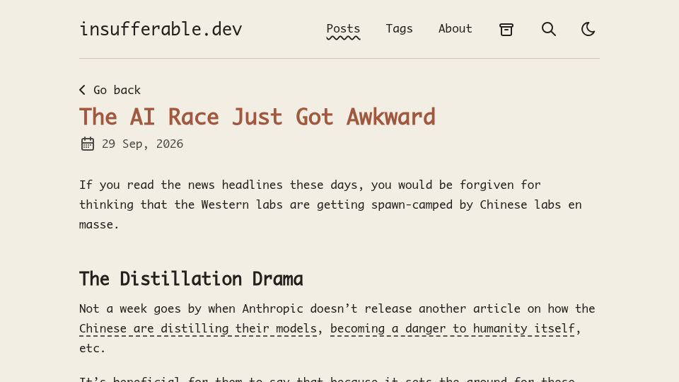 Screenshot of insufferable.dev: The AI Race Just Got Awkward