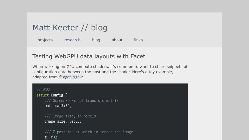 Screenshot of mattkeeter.com: Testing WebGPU data layouts with Facet