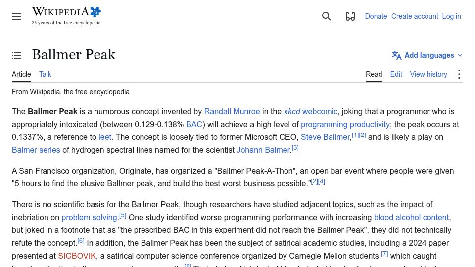 Screenshot of en.wikipedia.org: Ballmer Peak