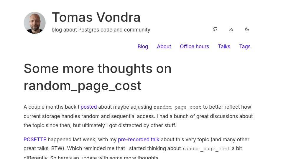 Screenshot of vondra.me: Some more thoughts on random_page_cost
