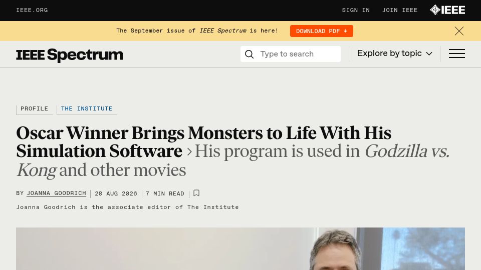 Screenshot of spectrum.ieee.org: Oscar Winner Brings Monsters to Life with His Simulation Software