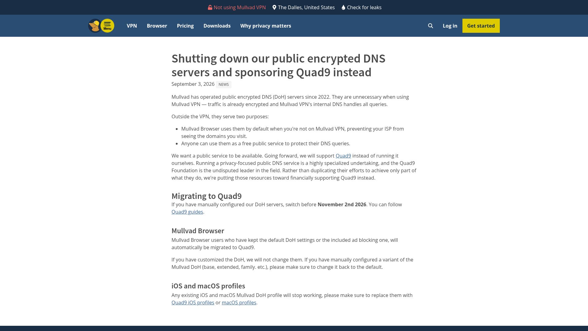 Screenshot of mullvad.net: Shutting down our public encrypted DNS