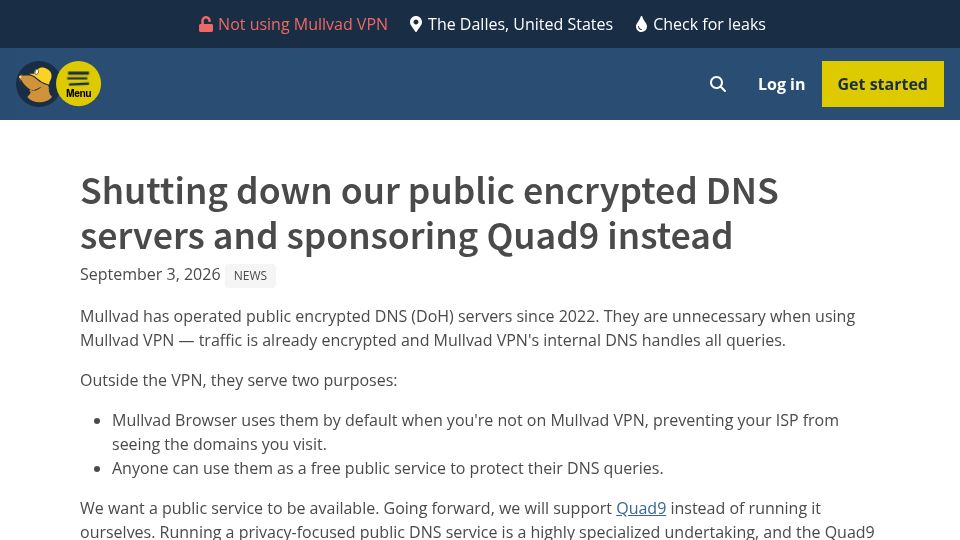 Screenshot of mullvad.net: Shutting down our public encrypted DNS