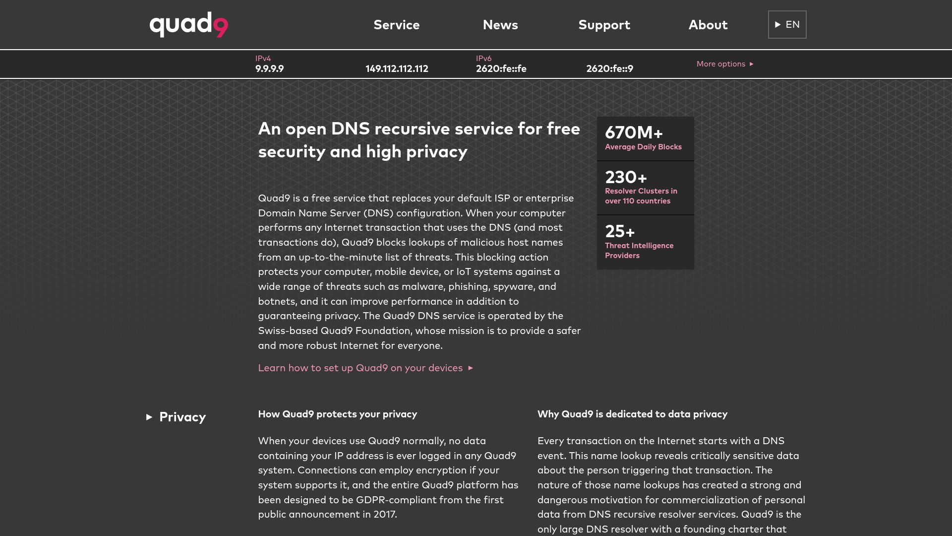 Screenshot of quad9.net: An open DNS recursive service for free security and high privacy