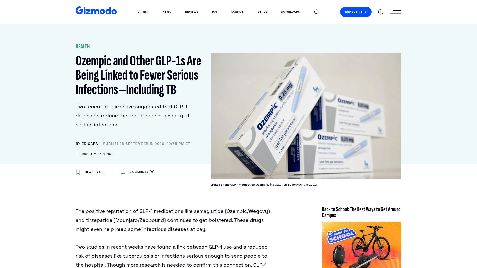 Screenshot of gizmodo.com: GLP-1s are being linked to fewer serious infections, including TB