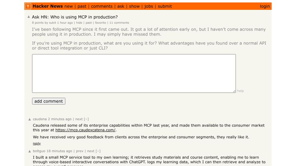 Screenshot of Hacker News post: Ask HN: Who is using MCP in production?